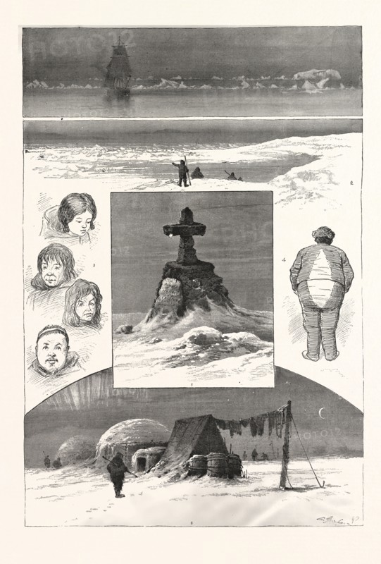 THE SEARCH FOR SIR JOHN FRANKLIN, 1. Nearing Ice-Pack. 2. Smith Point, the Northwest Passage Ship sank. 3. Group Portraits; Toweeniah; Tooktoocheer; Ahlangyah ; Ogzeuckjuock. 4. Mate with "Jib Pieces." 5. Monument Starvation Cove. 6. Winter-Quarters Camp Daly. ENGRAVING 1880