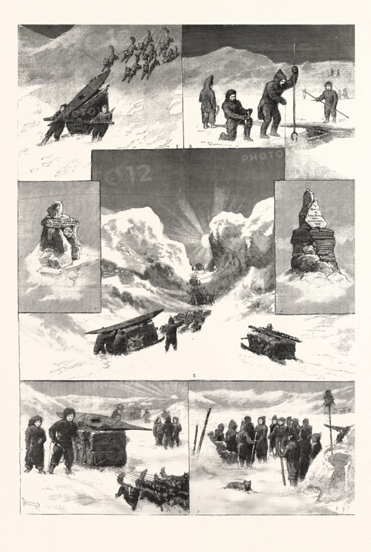 THE SEARCH FOR SIR JOHN FRANKLIN, 2. Salmon-Fishing the Ice. 3. Cenotaph erected Captain Hall. 4. Lieutenant Irving's Monument. 6. Toolooah's Sledge. 7. Meeting Ooqueesiksilliks., ENGRAVING 1880