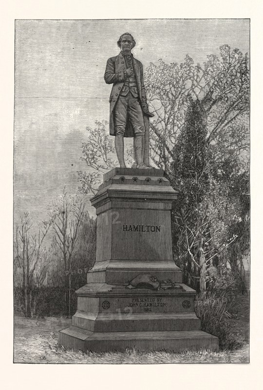 STATUE ALEXANDER HAMILTON, CENTRAL PARK, US, USA, AMERICA, UNITED STATES, AMERICAN, ENGRAVING 1880
