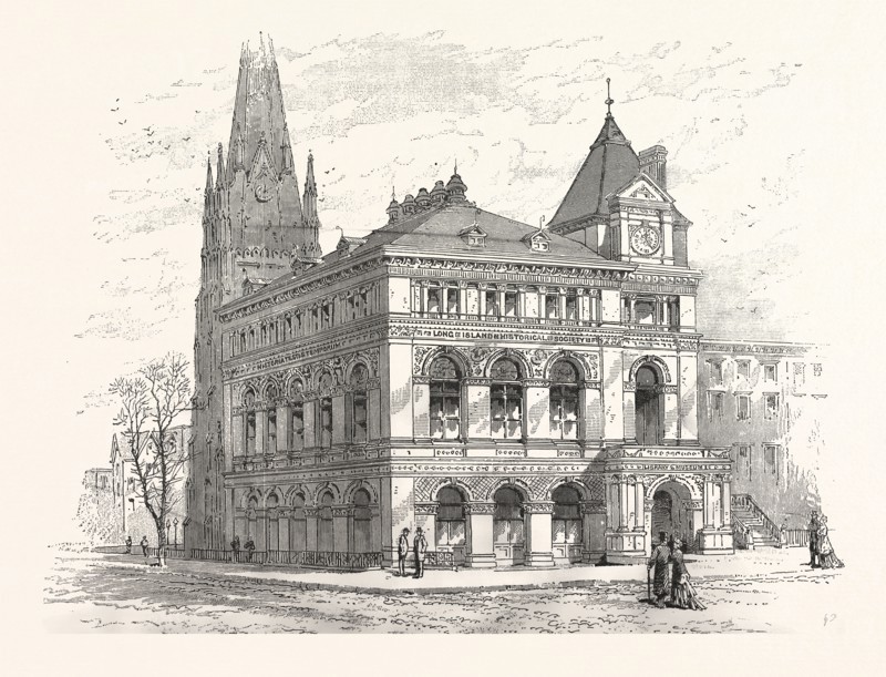 BUILDING THE LONG ISLAND HISTORICAL SOCIETY. FROM SKETCH BY C. KEETELS, US, USA, AMERICA, UNITED STATES, AMERICAN, ENGRAVING 1880
