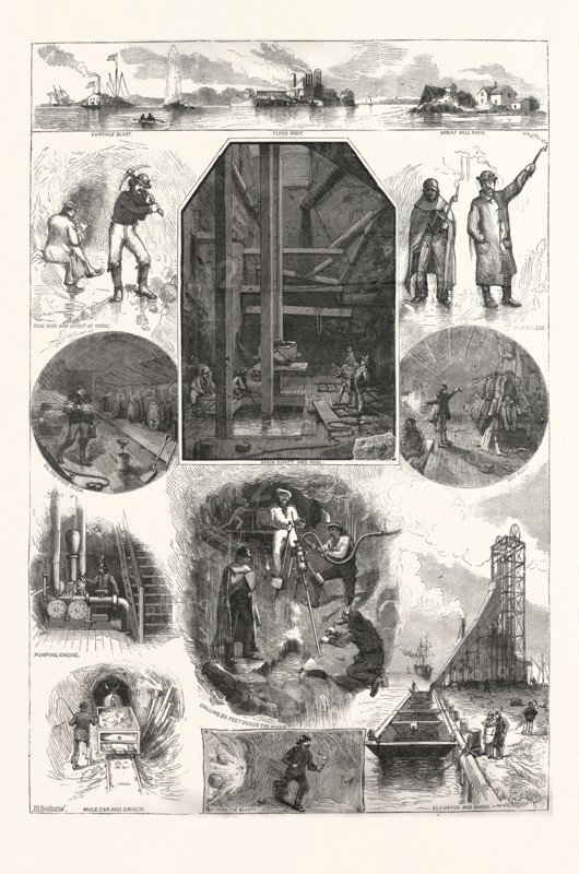 EXCAVATIONS UNDER FLOOD ROCK, HELL GATE, US, USA, AMERICA, UNITED STATES, AMERICAN, ENGRAVING 1880