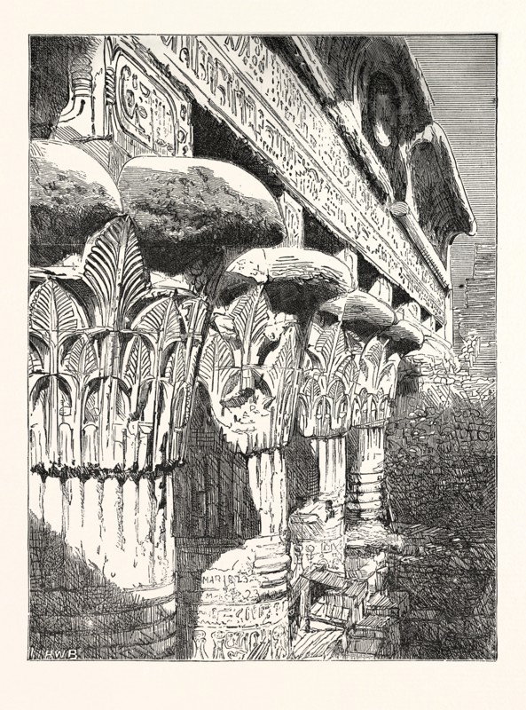 THE TEMPLE ESNEH, SCENE ON THE NILE, EGYPT, ENGRAVING 1880