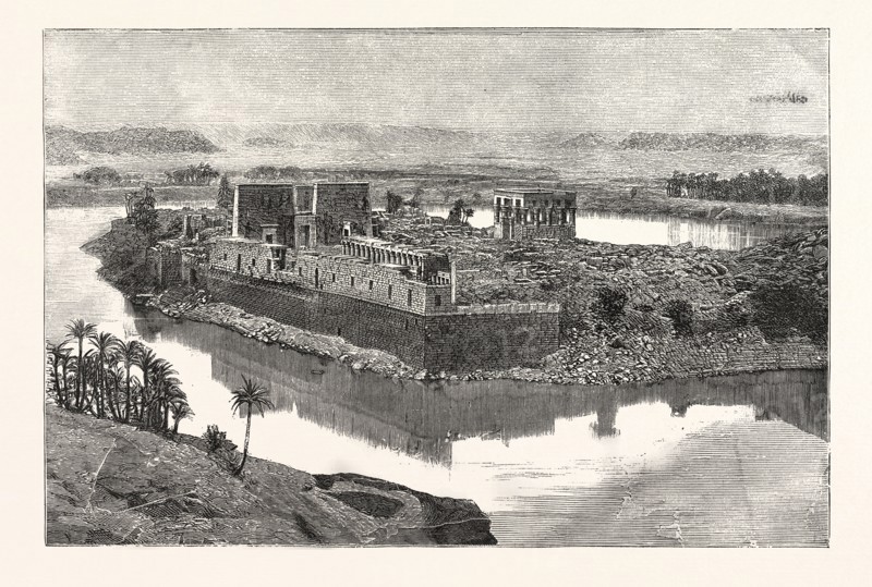 ISLAND OF PHILAE, SCENE ON THE NILE, EGYPT, ENGRAVING 1880