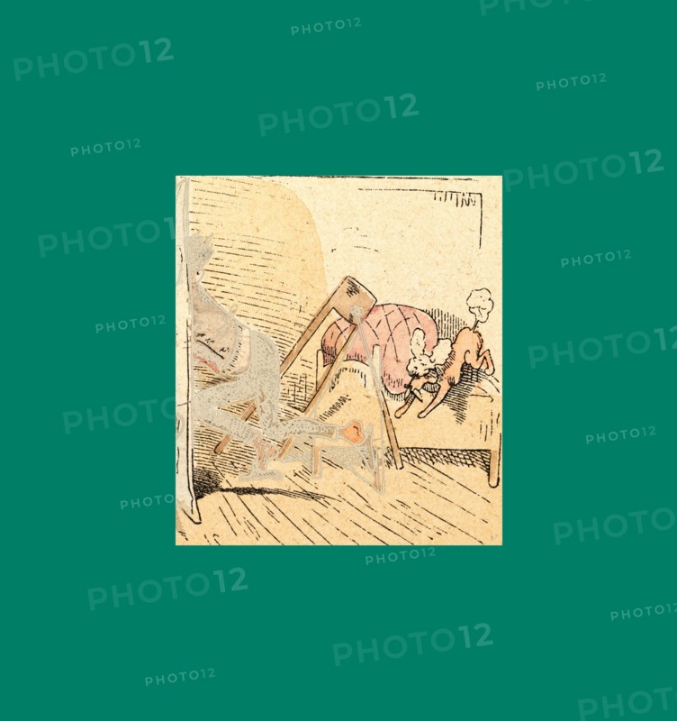 Schnaken and schnurren, 1866, Mosquitoes and purring, Wilhelm Busch, 1832 - 1908, German artist, humorist, poet, illustrator and painter. A humorous story in pictures from the writer and illustrator ofMax und Moritz, Munchener Bilderbogen and Fliegende Blatter. Children's literature from the 19th century, comic illustrated cautionary tales