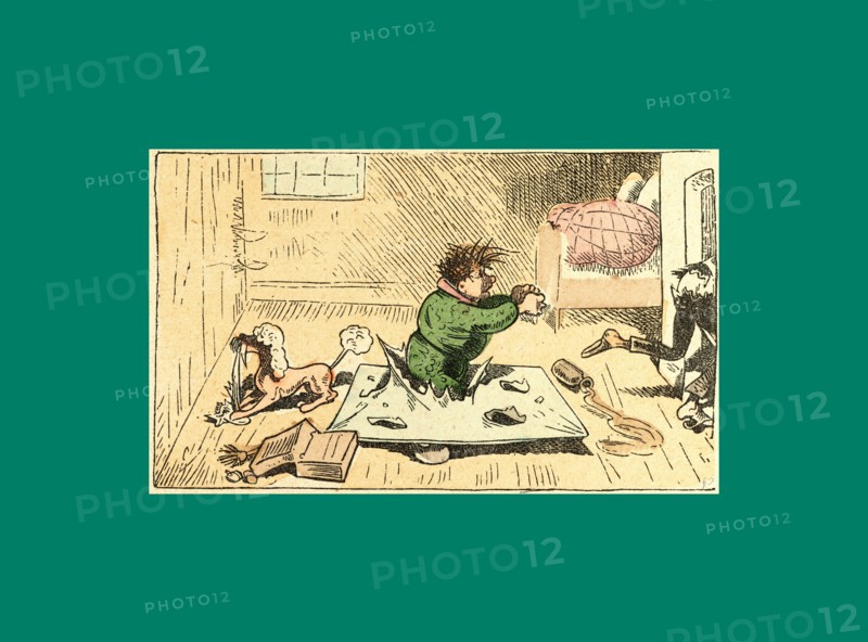 Schnaken and schnurren, 1866, Mosquitoes and purring, Wilhelm Busch, 1832 - 1908, German artist, humorist, poet, illustrator and painter. A humorous story in pictures from the writer and illustrator ofMax und Moritz, Munchener Bilderbogen and Fliegende Blatter. Children's literature from the 19th century, comic illustrated cautionary tales