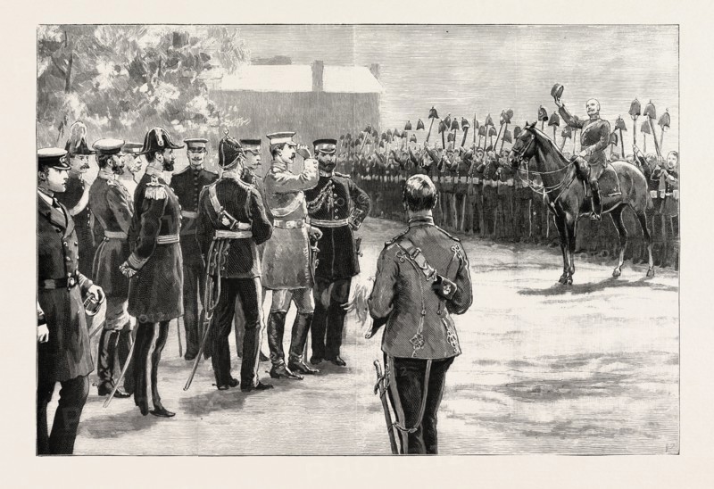 THREE CHEERS FOR THE EMPEROR! THE GERMAN EMPEROR REVIEWING THE ROYAL ARTILLERY AT EASTNEY BARRACKS, PORTSMOUTH, UK, 1890 engraving