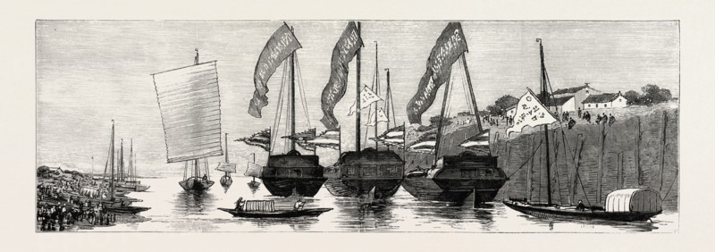 CONVEYANCE OF THE REMAINS OF THE LATE MARQUIS TSENG TO HUNAN DOWN THE RIVER PEIHO, HAI RIVER, CHINA, 1890 engraving