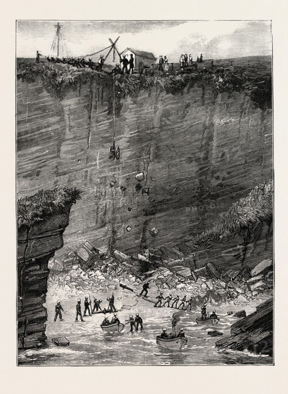 BLUE JACKETS REMOVING A BATTERY OF BRITISH GUNS FOR EMBARKATION ON BOARD H.M.S. CALYPSO, 1890 engraving
