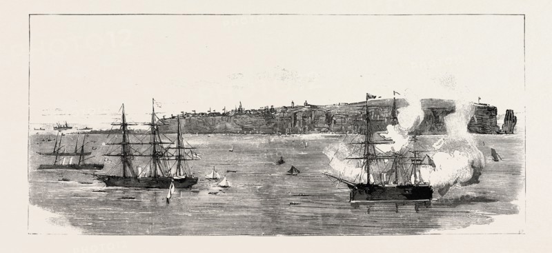 THE CESSION OF HELIGOLAND TO GERMANY: H.M.S. CALYPSO FIRING A SALUTE ON THE ARRIVAL OF THE GERMAN AUTHORITIES TO TAKE OVER THE ADMINISTRATION OF THE ISLAND, 1890 engraving