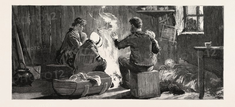 THE NEWFOUNDLAND FISHERIES QUESTION: INTERIOR OF AN ENGLISH FISHERMAN'S HUT ON THE FRENCH SHORE; BRITISH FISHERMEN NOT ALLOWED TO FISH, CANADA, 1890 engraving