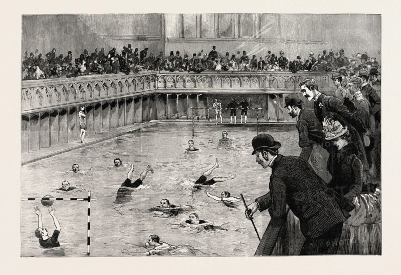 WATER POLO MATCH AT THE CROWN BATHS, KENNINGTON OVAL, UK, 1890 engraving
