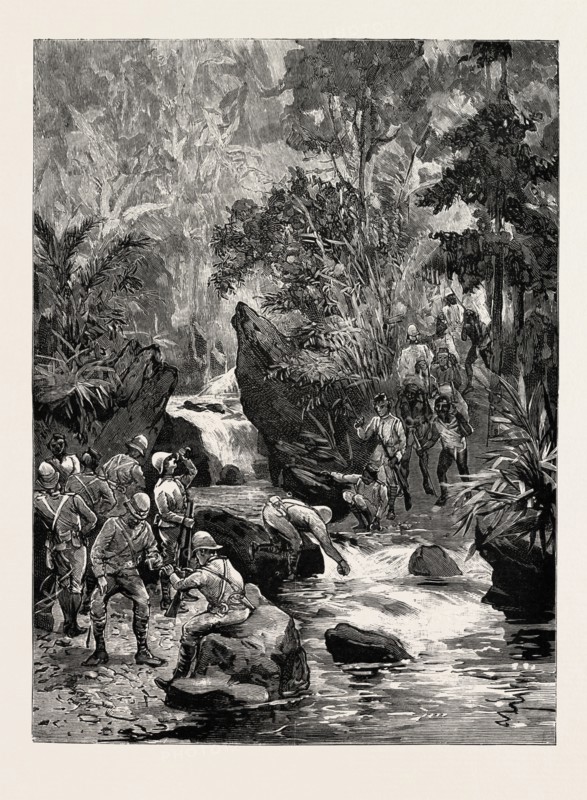 THE RETURN OF THE CHIN LUSHAI EXPEDITIONARY FORCE: A WELCOME DRINK AFTER A CLIMB DOWN OF TWO THOUSAND FEET, BURMA, INDIA, 1890 engraving