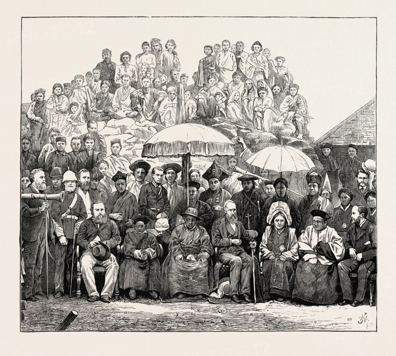 GRAND DURBAR AT DARJEELING, INDIA: RETURN VISIT OF THE LIEUT.-GOVERNOR OF BENGAL TO THE RAJAH OF SIKKIM AT LE BONG; 1. W.L. Heeley, Esq., Inspector-General of Jails. 2. Lt.-Col. Newall., Commanding the Station. 3. J.W. Edgar, C.S.I., Deputy-Commissioner of Darjeeling. 4. Thoothub Nangye, Rajah's Youngest Brother, and Heir-Apparent. 5. Captain Farmer, Aide-de-Camp to the Lieutenant-Governor. 6. Sikyoung Koojew, Rajah of Sikkim. 7. Sir Geo. Campbell, K.C.S.I., Lt.-Governor of Bengal. 8. Serung Pooty, Rajah's Sister. 9. Chunjew Kaboo, Rajah's Elder Brother. A. Mackenzie, Esq., Junior Secretary to Governor of Bengal, 1890 engraving
