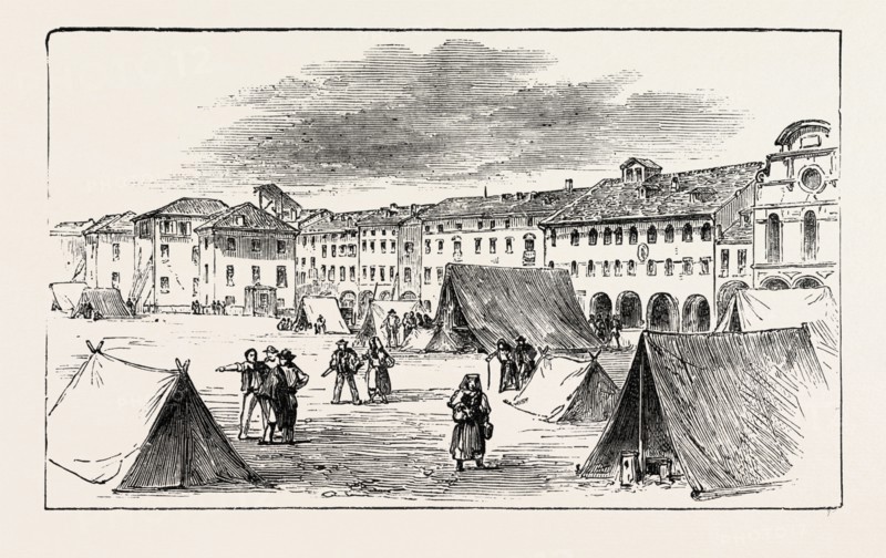 THE EARTHQUAKE IN ITALY: BELLUNO, THE PIAZZA CAMPITELLI: THE INHABITANTS TAKING REFUGE IN TENTS, 1890 engraving