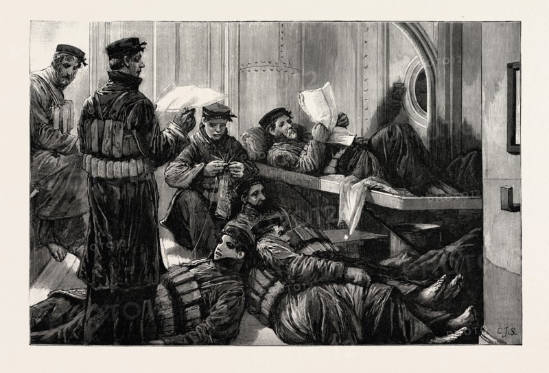 THE NAVAL MANOEUVRES: THE LIFEBOAT CREW ON NIGHT WATCH ON BOARD AN IRONCLAD, MARITIME, 1890 engraving