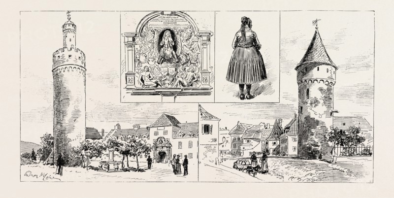 Bad Homburg vor der Hohe, GERMANY: THE CASTLE, THE OLD FORTIFICATIONS, THE CARVING OVER THE GATEWAY, A LADY WEARING A TRADITIONAL DRESS, 1890 engraving