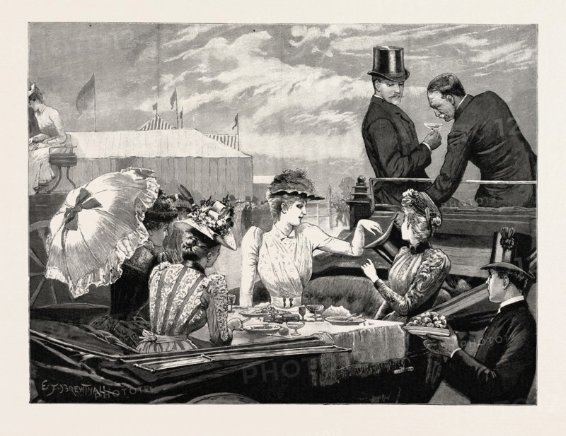 AT DONCASTER RACES, A SWEEPSTAKE AFTER LUNCH, UK, 1890 engraving