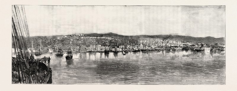 THE NAVAL MANOEUVRES, WITH THE HOSTILE FLEET: THE FIRE AT SALONICA, THESSALONIKI, VIEW OF THE TOWN FROM THE SEA, GREECE, 1890 engraving