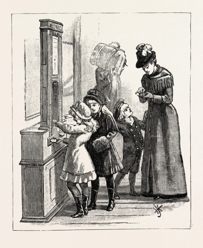 AT THE RAILWAY STATION: SWEETMEATS, 1890 engraving