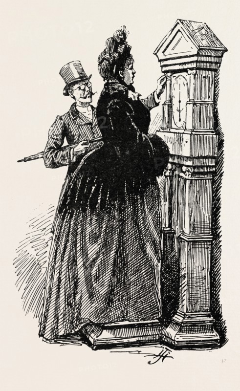 AT THE RAILWAY STATION: HIS BETTER HALF, 1890 engraving