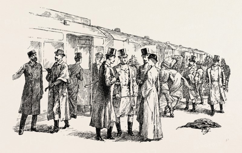 AT THE RAILWAY STATION: A MEET OF THE QUEEN'S BUCKHOUNDS, 1890 engraving