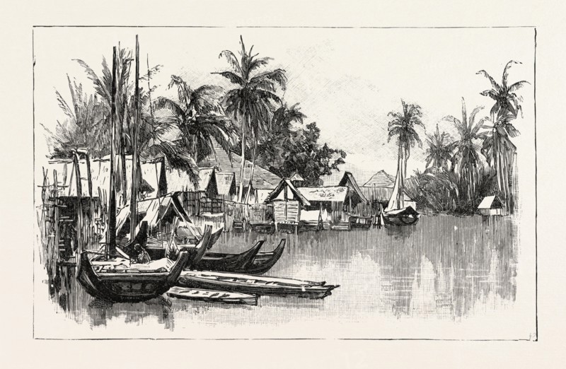 MALAY NATIVE VILLAGE ON THE EAST COAST OF SUMATRA, INDONESIA, 1890 engraving