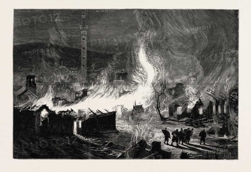 THE GREAT FIRE AT SALONICA, THESSALONIKI, GREECE: SCENE NEAR THE MOSQUE OF SAINT SOPHIA SOON AFTER THE OUTBREAK, 1890 engraving