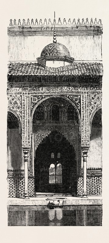 THE BURNING OF THE ALHAMBRA AT GRANADA: ENTRANCE TO THE HALL OF AMBASSADORS, ANDALUSIA, SPAIN, 1890 engraving