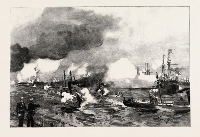 THE GERMAN MANOEUVRES IN SCHLESWIG-HOLSTEIN: TORPEDO BOATS ATTACKING A SQUADRON OF IRONCLADS OFF FLENSBURG, 1890 engraving