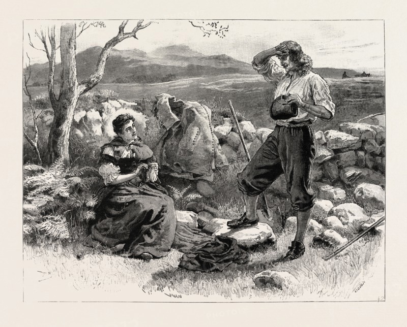URITH: A TALE OF DARTMOOR, BY S. BARING GOULD; Urith brought out her knitting and sat on a stone by him, as he worked., 1890 engraving
