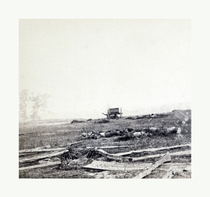 American Civil War: Where Sumner's Corps charged at Antietam, dead soldiers, horses, and broken gun carriages after General Sumner's Corps charged over this field on the battlefied of Antietam on Sept. 17, 1862. Photo, albumen print, By Alexander Gardner, 1821 1882, Scottish photographer who emigrated to the United States in 1856. From Gardner Photographic Art Gallery, Seventh Street, Washington