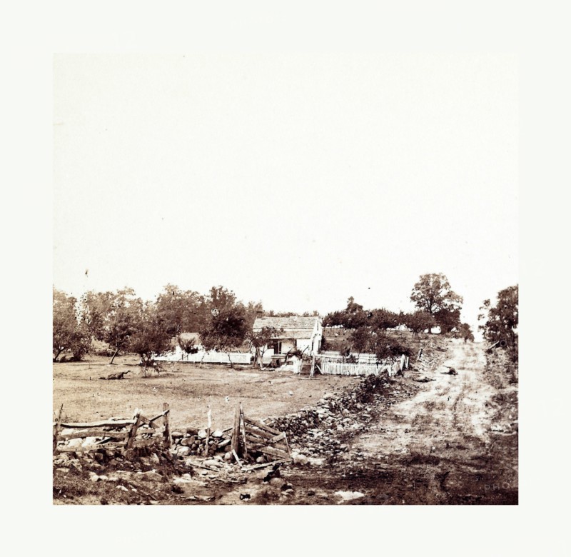American Civil War: General Meade's Headquarters at Gettysburg, eneral George G. Meade's headquarters on Cemetery Ridge after the battle at Gettysburg, Pennsylvania. The bodies of horses shot during the fighting can be seen in the distance. Photo, albumen print, By Alexander Gardner, 1821 1882, Scottish photographer who emigrated to the United States in 1856. From Gardner Photographic Art Gallery, Seventh Street, Washington