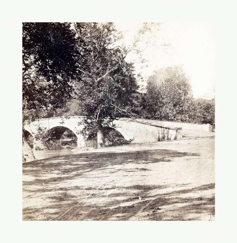 American Civil War: Burnside Bridge, Antietam, Sept., 1862, partial view of a stone bridge over Antietam creek in Maryland. Photo, albumen print, By Alexander Gardner, 1821 1882, Scottish photographer who emigrated to the United States in 1856. From Gardner Photographic Art Gallery, Seventh Street, Washington
