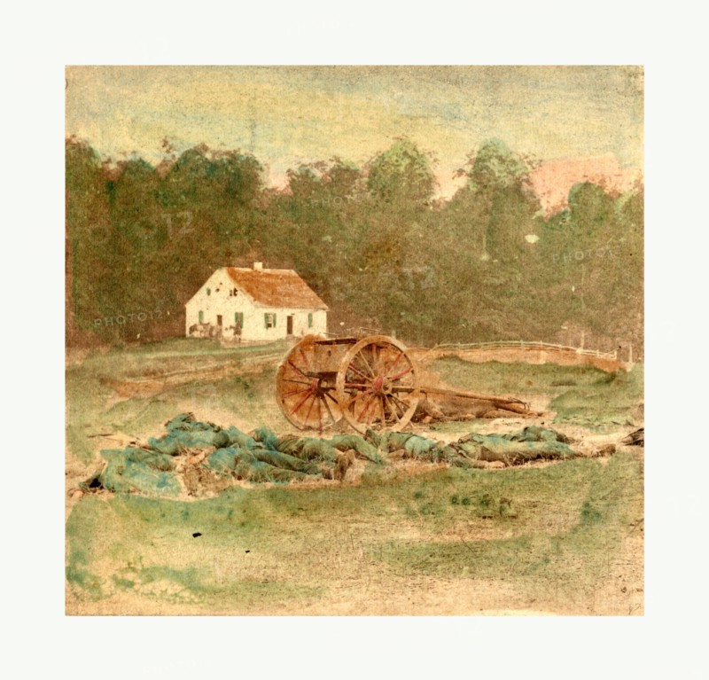 American Civil War: Dunkers (i.e. Dunker) Church, battle field of Antietam. After battle, how dead were laid out. Photo, albumen print, By Alexander Gardner, 1821 1882, Scottish photographer who emigrated to the United States in 1856. From Gardner Photographic Art Gallery, Seventh Street, Washington