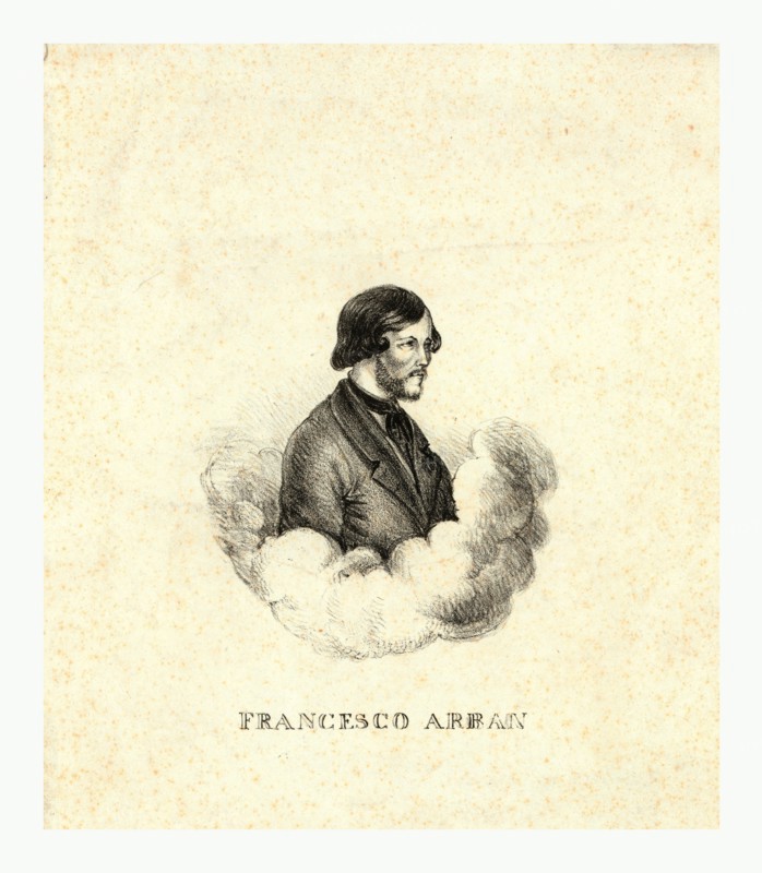 Francesco Arban, between 1830 and 1850, Head-and-shoulders portrait of French balloonist Francesco Arban in a circle of clouds.