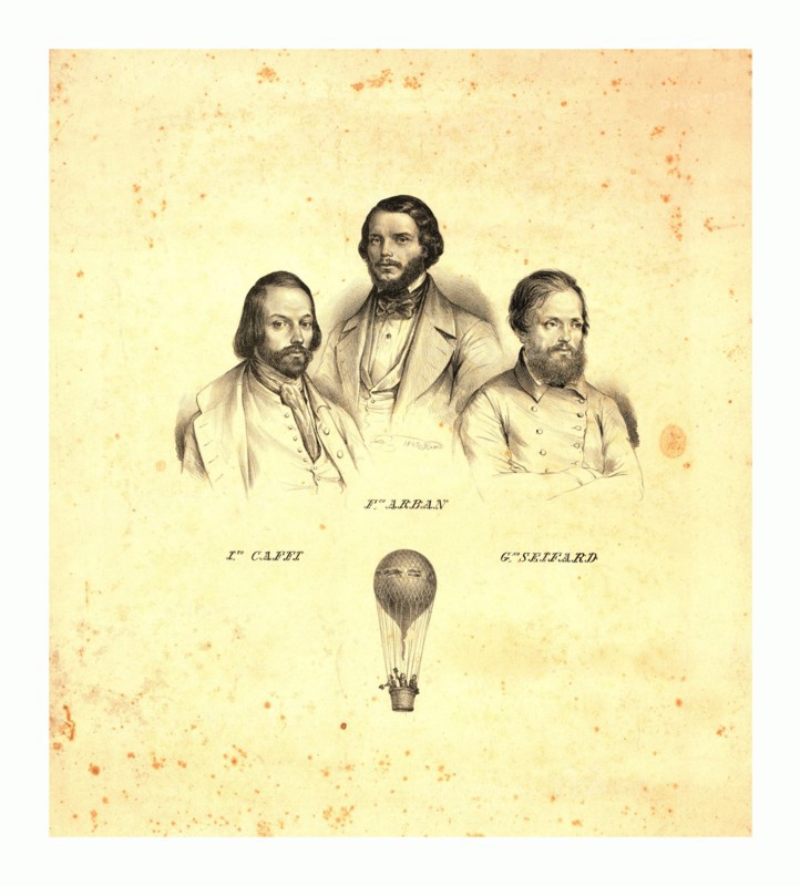 Portraits of three balloonists Ippolito Caffi, Francesco Arban, and G. Seiffard, with a small view of them in an ascending balloon, Rome, 1847, Italy