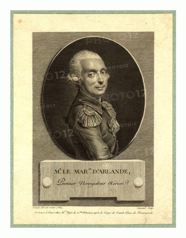 Mr. le maris. d'Arlande, first aerial navigator,  Pujos, André, 1738-1788, artist, Half-length portrait of French balloonist Marquis FranÃ§ois Laurent d'Arlande in uniform.