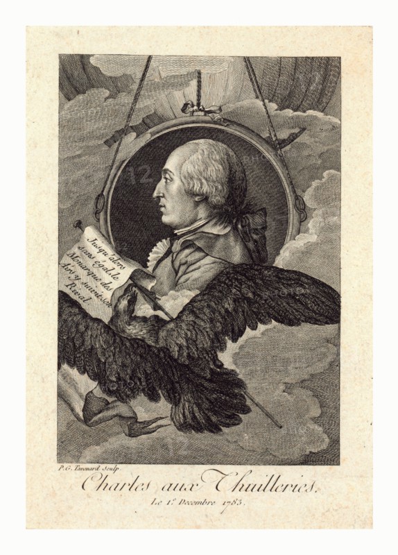 Head-and-shoulders profile portrait of French balloonist J.A.C. Charles, who made the first flight in a hydrogen balloon, Dec. 1, 1783. Includes banner with caption "Jusq'alors san égal, le monarque des airs, y suivit son rival" and large bird in foreground, with balloon in background.