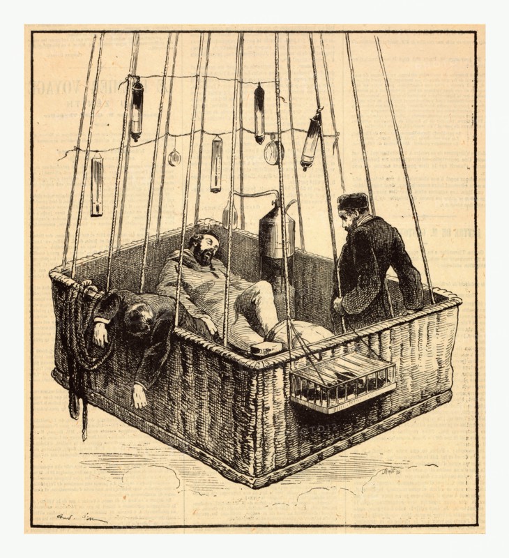 View of journalist Joseph Crocé-Spinelli, naval officer Henri Sivel, and Gaston Tissandier in the basket of the balloon, Zénith, after losing consciousness due to lack of oxygen after reaching an altitude of nearly 28,000 ft., near Paris, France, April, 1875