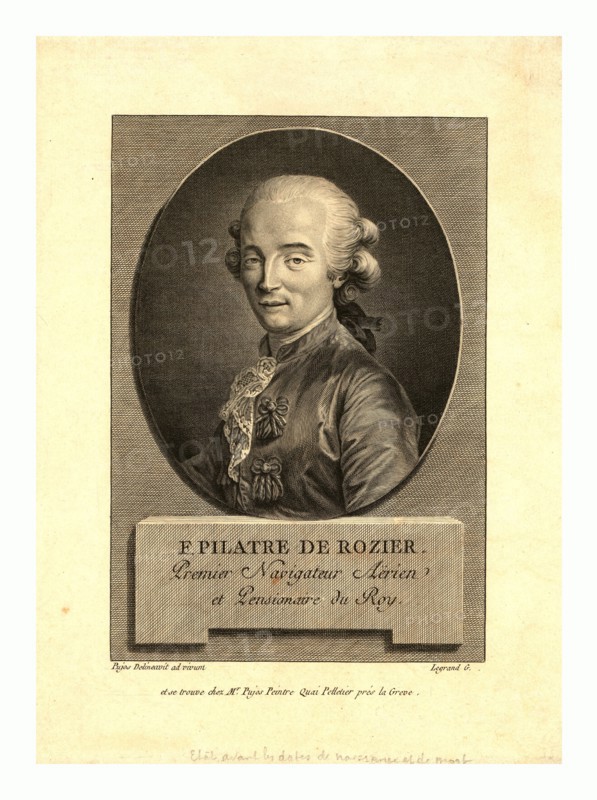 Oval head-and-shoulders portrait of French balloonist Jean-FranÃ§ois PilÃ¢tre de Rozier, who took the first balloon flight in 1783.