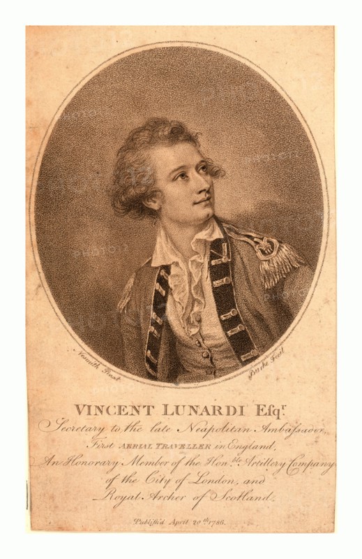Vincent Lunardi Esqr., secretary to the late Neapolitan ambassador, first aerial traveller in England. An honorary member of the Honble. Artillery Company of the City of London and Royal Archer of Scotland, Nesmith, pinxt. ; Burke, fecit.