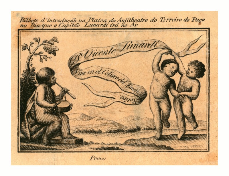 Print shows banner with name of Italian balloonist Vincent Lunardi; includes figure playing a drum and two others dancing.