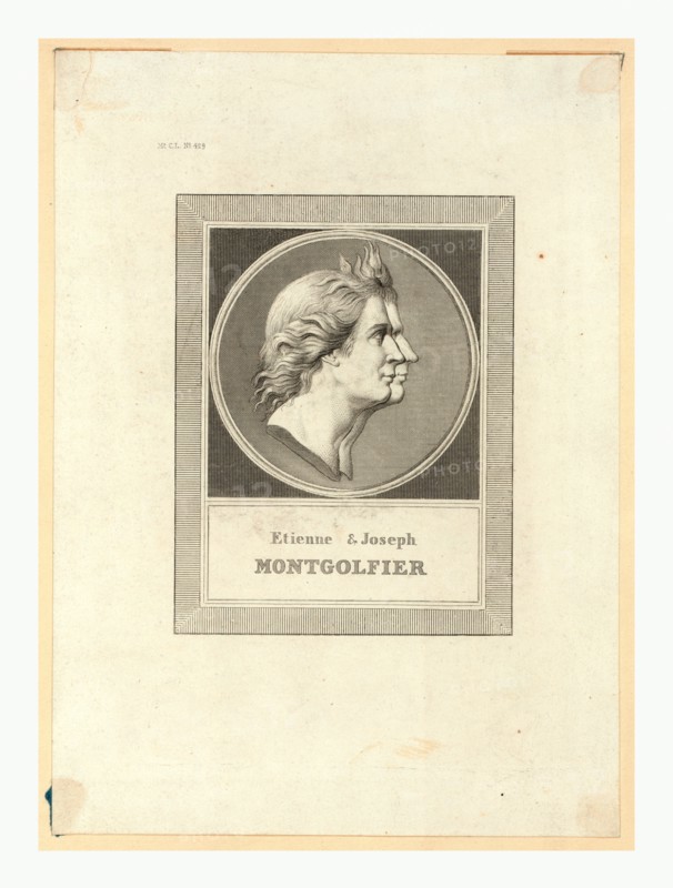 Etienne & Joseph Montgolfier, Bust-length double profile portrait of the Montgolfier brothers, French ballonists. After the gold medal designed by Houdon.