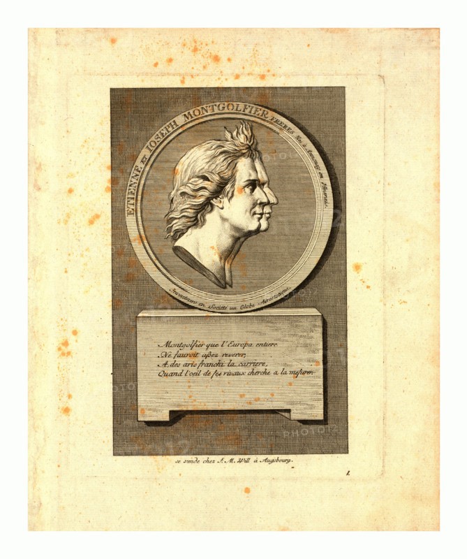 Bust-length double profile portrait of the Montgolfier brothers, French ballonists. After the gold medal designed by Houdon.