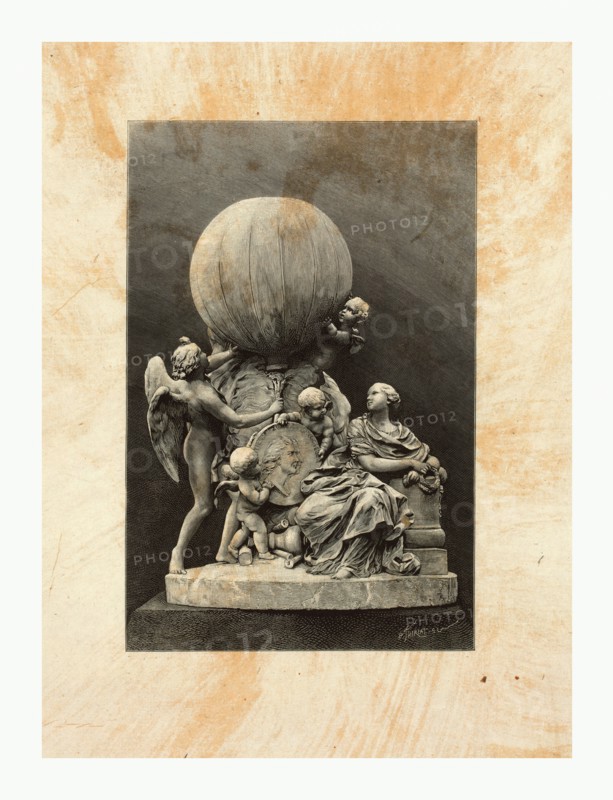 Model of a statue dedicated to French balloonists, Joseph and Etienne Montgolfier, featuring a double profile portrait from a gold medal designed by Houdon and an inflated balloon by H. Thiriat, sc.