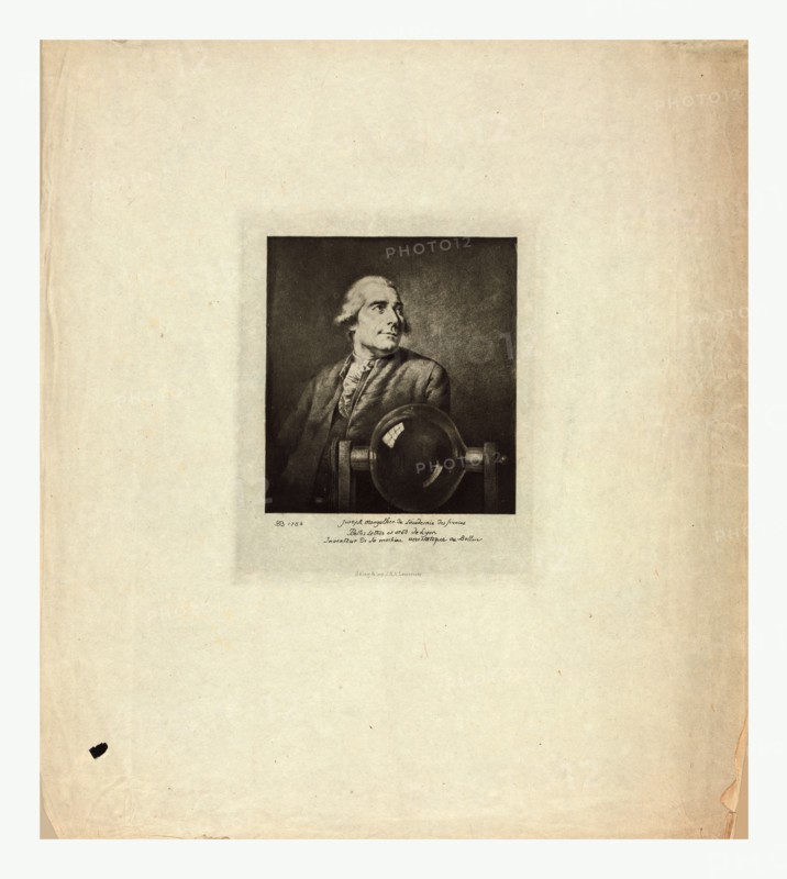 Half-length portrait of French balloonist Joseph Montgolfier, with a glass chamber related to his experiments with gas for balloon flight.
