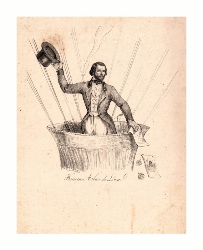Half-length portrait of French balloonist Francesco Arban standing in the basket of a balloon, waving his hat, between 1840 and 1850