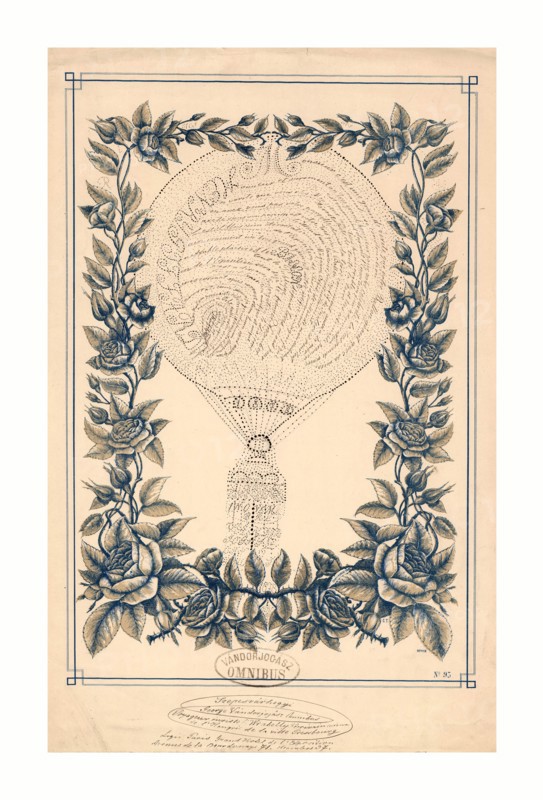 Tribute to French ballonist Henri Giffard in the form of a handwritten French text shaped as a balloon, inside a printed floral border,  Clarey & Gibert, Tours., 1878 , Tribute written by Mr. Wrabelly of Hungary, town of Pressbourg (Bratislava), on the occasion of seeing the giant Giffard balloon exhibited in the Tuileries gardens during his visit to the World Exposition held in Paris in 1878