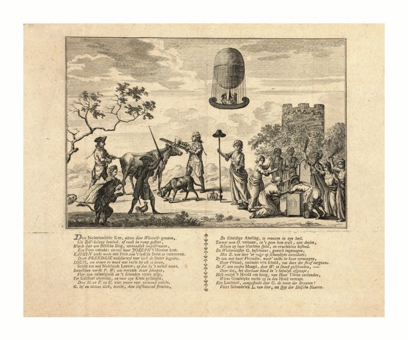 Dees Nederlandsche Koe, altoos Waereld-grooten, Dutch political cartoon about the partitioning of the Netherlands shows the shorning and dismembering of the Nederlandsche cow. The Neerlands lion, an enraged Louis Bonaparte, King of Holland (with sword drawn), and a Gallic cock watch, while the Britsche Dog chews on a severed leg of a cow. A man with a crown at his feet (possibly Joseph Bonaparte, King of Spain) shears the cow's horns with a large saw; a woman Katryn (possibly Catherine, de Wurtemberg, queen, consort of Jerome Bonaparte, King of Westphalia) takes a knife to the cow's tail. Standing center is a woman holding a pike topped with a hat and standing on another hat. On the right, three women whip the bare buttocks of a man (possibly Frederick William III, King of Prussia) who is prostrate over a wheeled chair or throne. Above this scene floats a balloon with canoe shaped basket with two passengers.