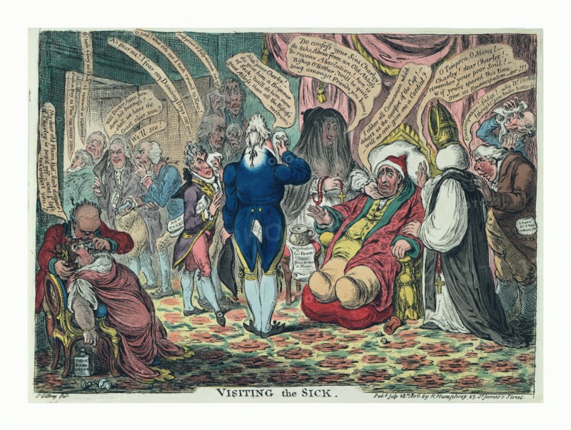 Visiting the sick, Gillray, James, 1756-1815, engraving 1806, Charles Fox sitting in an armchair, obviously ill. On one side of him is Mrs. Fitzherbert, dressed as an abbess and holding a rosary; on the other side is a bishop in robes and mitre. In front of Fox, the Prince of Wales holds his handkerchief to his face. Sheridan, standing behind the bishop, admonishes the bishop to understand that Catholic emancipation is not possible. Howick, Petty, Windham and Moira are all distressed; Grenville and Sidmouth are leaving the room hoping Fox will expire. Mrs. Fox faints in a chair and is attended by Lord Derby.